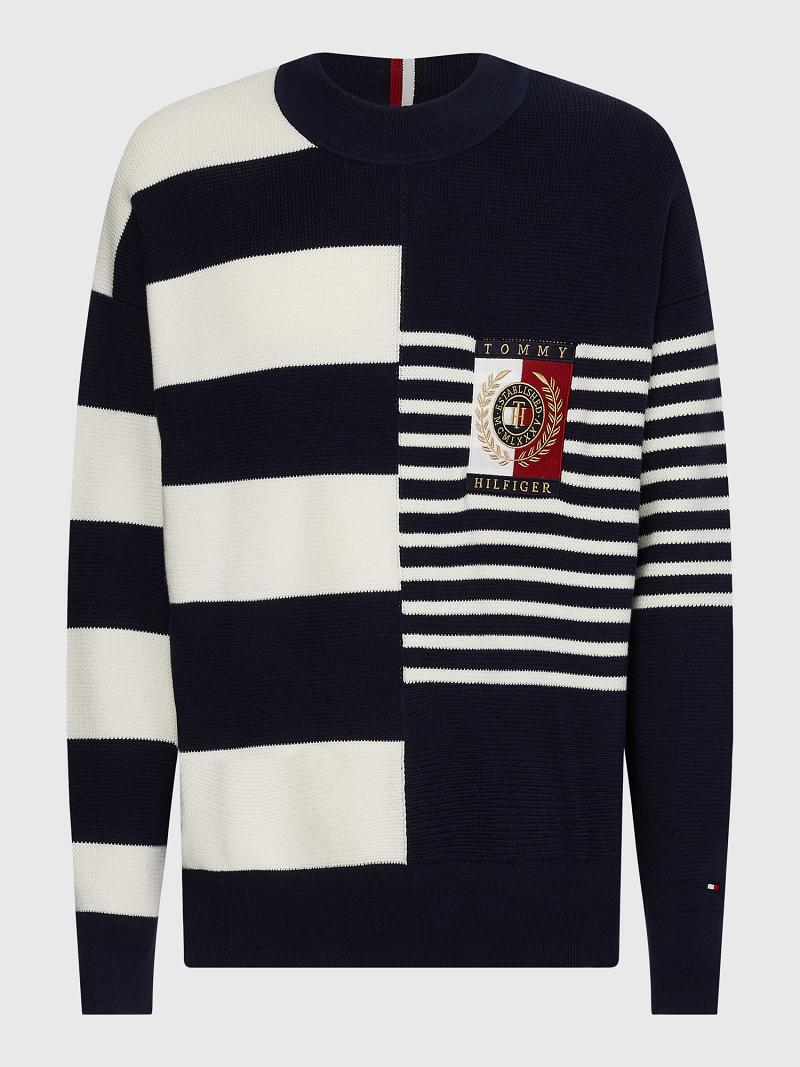 Férfi Tommy Hilfiger Icon mix stripe crewneck Pulóverek Kék Fehér | HU 952VRW